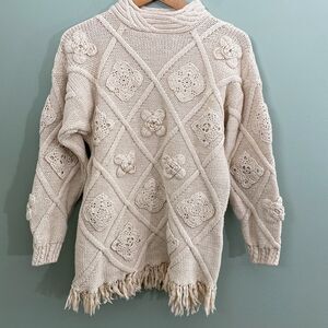 Crystal Kobe Ramie Cotton Floral Sweater Fringe Heavyweight Womens Medium Tan
